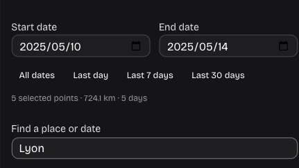 Date filters and a Lyon place search in the Google Timeline History workspace