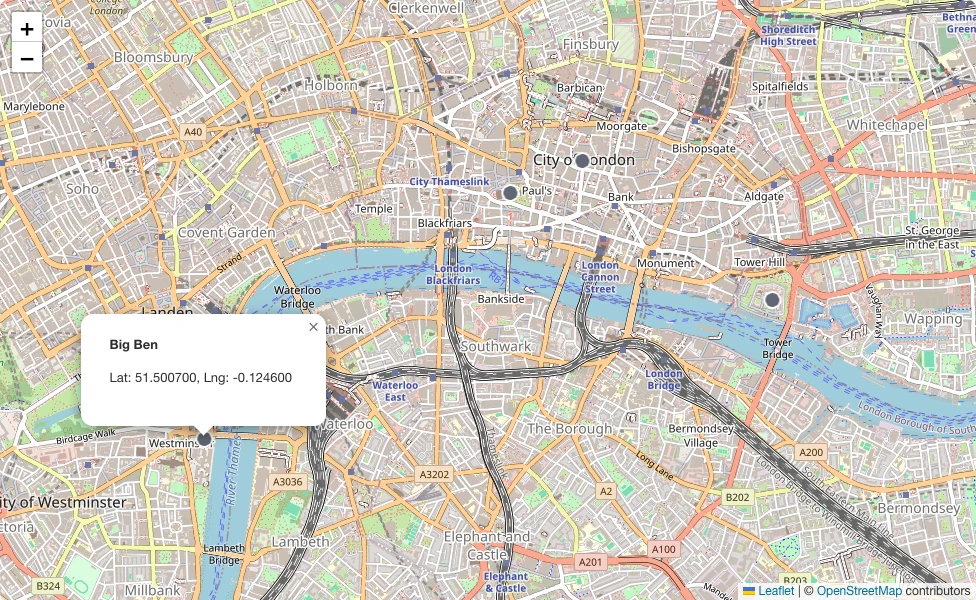 Five London visits displayed as dated markers on a map