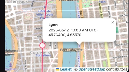 Selected Lyon location with its recorded details on the Google Timeline History map